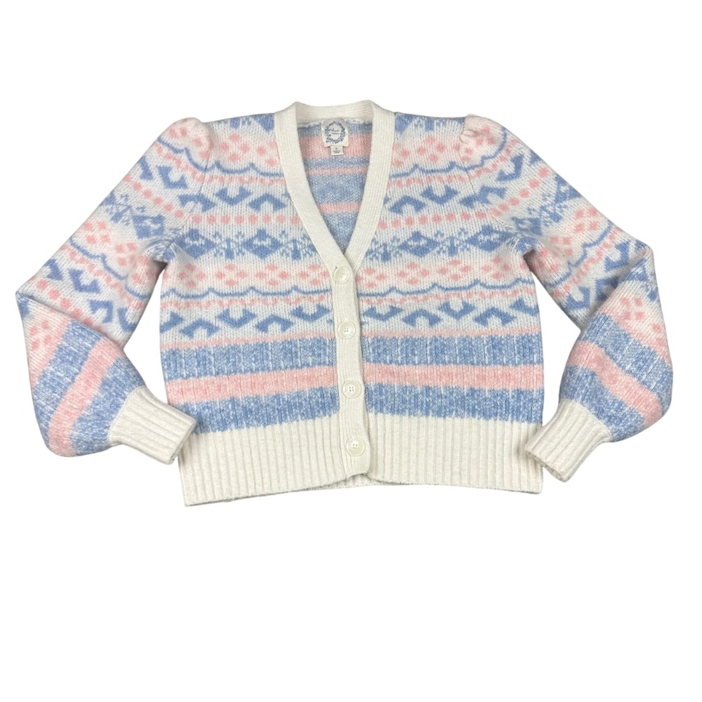 Blue Rain Cardigan Womens Small‎ Blue Pink Fair Isle Puff Shoulder